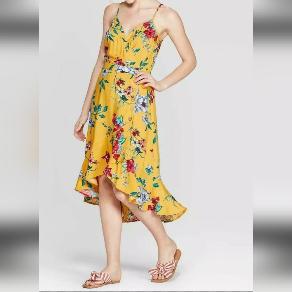 Xhilaration Yellow Spring Floral High Low Adjustable Spaghetti Strap Dress